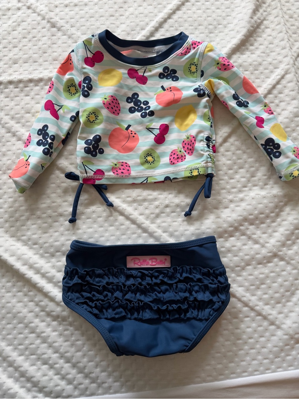 Ruffle Butts Navy & Multi Fruit Print Long Sleeve Rash Guard Bikini Set